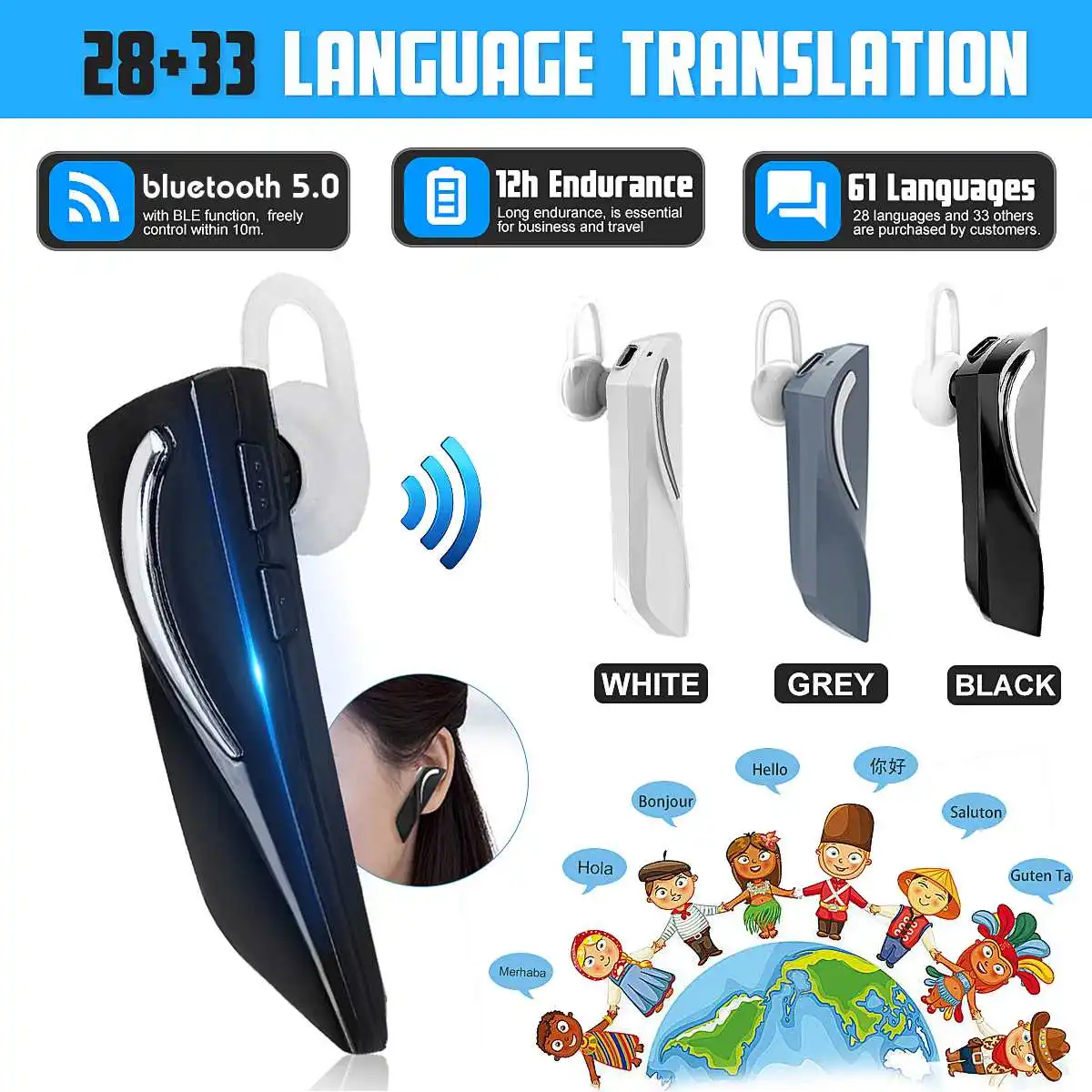 Smart Voice Translator bluetooth Translation HeadsetWireless bluetooth 5.0 Earphone Instant Translator 28 Language