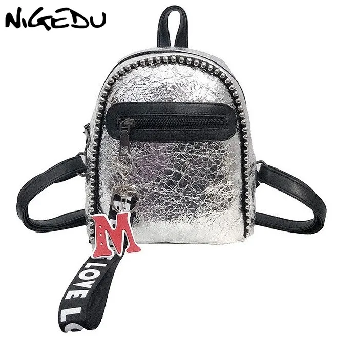 NIGEDU mini backpack women leather backpacks silver black travel fashion female student backpack small backpack women
