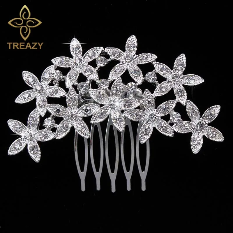 

TREAZY Pretty Leaf Flower Wedding Tiara Sparkling Crystal Rhinestone Bridal Hair Combs Hair Clip Women Wedding Party Accesories