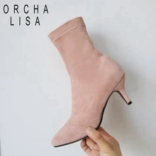 ORCHA LISA/женские ботильоны; короткие ботильоны из флока на тонком каблуке; женские модельные вечерние туфли; botas mujer; размер 44; C947