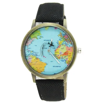 

Women's Watches New Global Travel By Plane Map Women Dress Watch Denim Fabric Band relogio feminino Quartz Wrist Analog hour B30