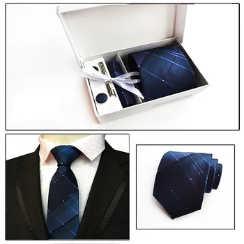 

Helisopus Men Business Suit Wedding Party Neckties Man Tie Square Towel Cufflinks Tie Clip White Gift Box Tie Set