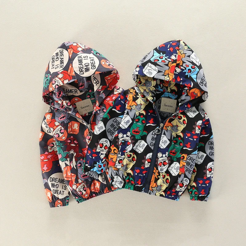 

Kids clothes Boys Hooded Jackets Spring Autumn Cartoon print zipper outerwear Hooded thin Jacket for boy Age for 2-7y