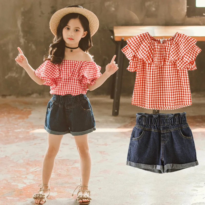 

Children Clothes Teenage Girls Clothing Set Summer Plaid T shirt Jeans Shorts Suit for Girls Costume 10 12 Year Kids Tracksuit