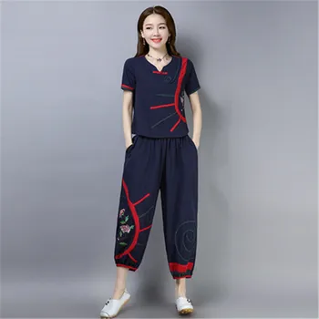 

Linen Cotton Plus Size 3XL Elegant Conjunto Feminino Ethnic Vintage V-Neck Embroidery Loose and Comfortable Two Piece Set Women