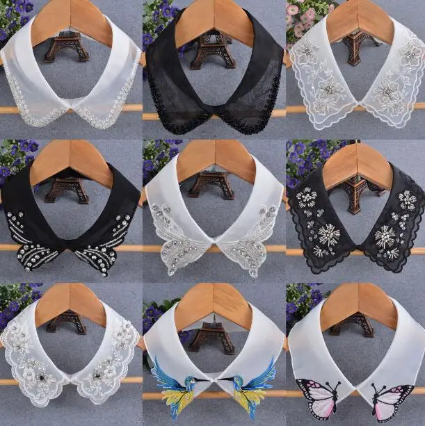 

Women's Fashion lace chiffon fake collar lady's white black beaded embroidery rhinestone Ties & Detachable Collar R490