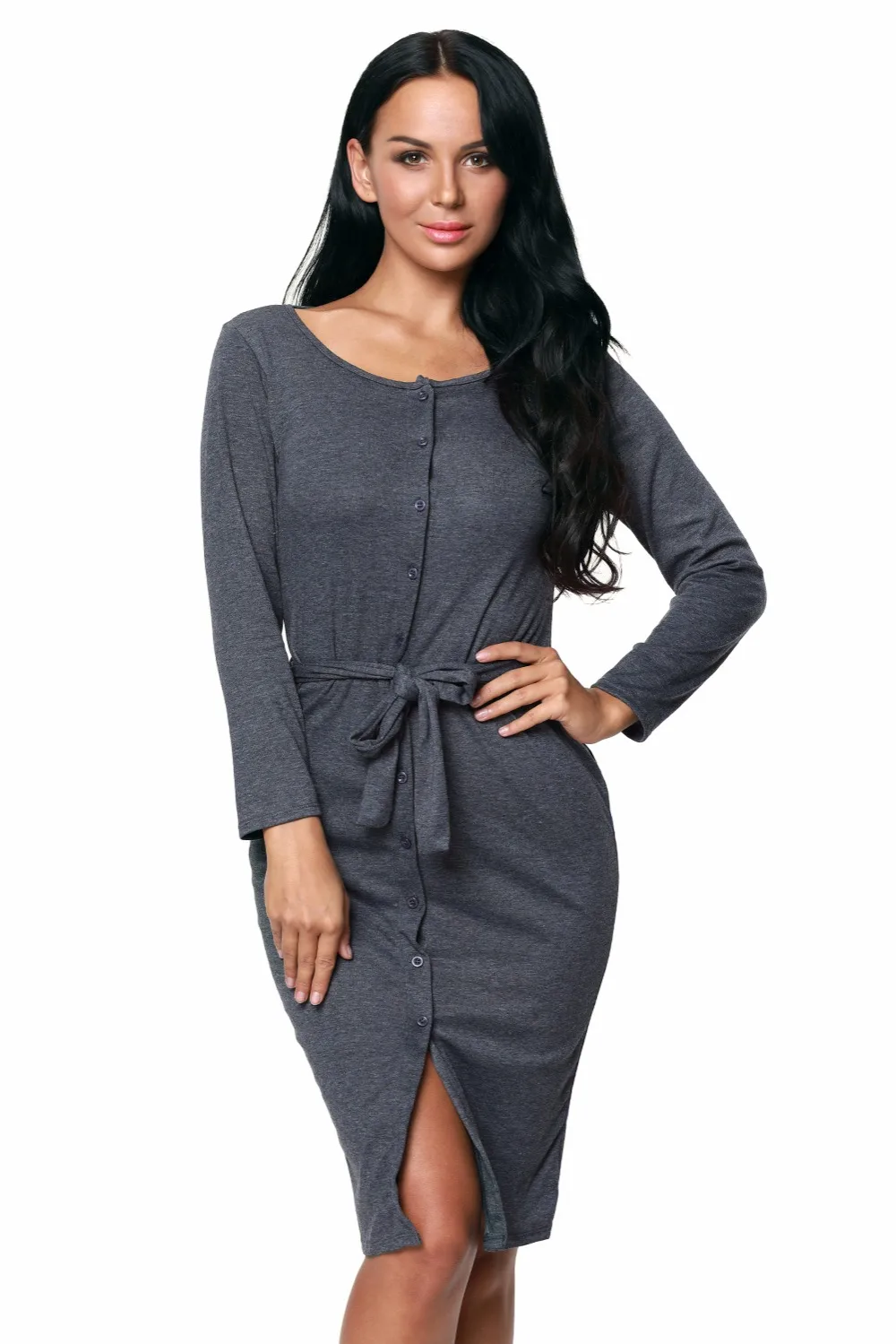 Gray-Long-Sleeve-Button-Down-Midi-Dress-with-Sash-Belt-LC61385-11-5
