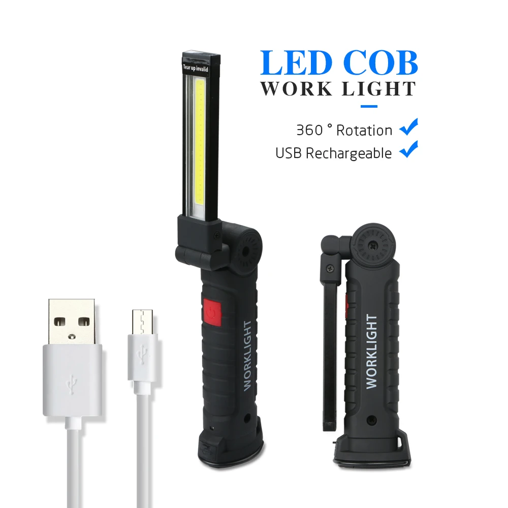 

USB Rechargeable Work COB LED Flashlight Portable 3 Mode Working Light Magnetic Torch Camping Lanterna W/Foldable Hook USB cable