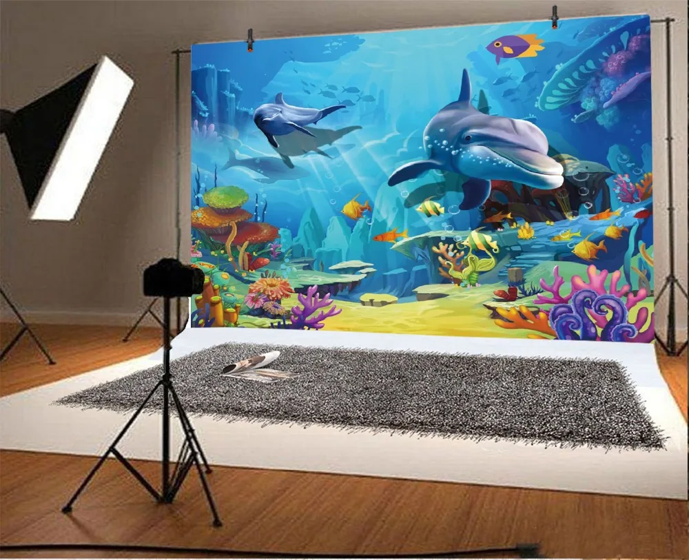 Laeacco Underwater Dolphin Fish Coral Baby Party Photography Backgrounds Customized Photographic Backdrops For Photo Studio