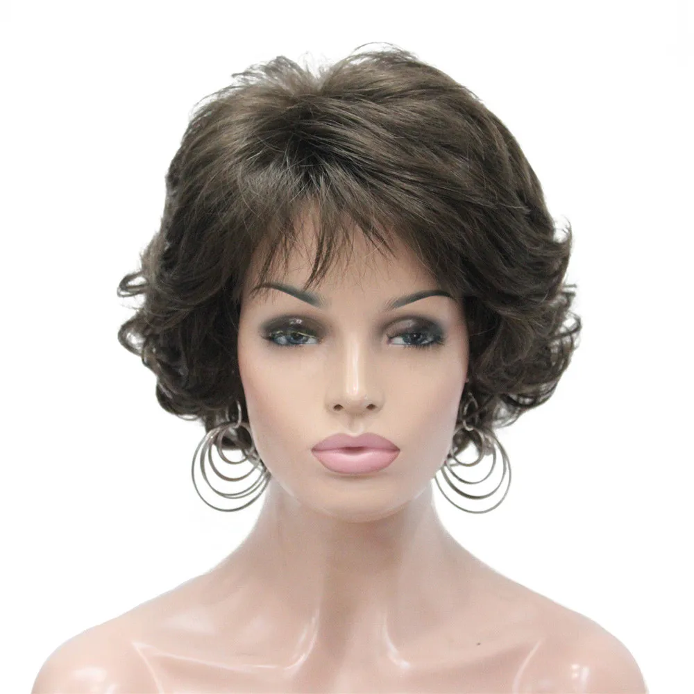 E-7125 #8 New Wavy Curly wig Medium Brown cloor 8# Short Synthetic Hair Full Women's wigs (1)