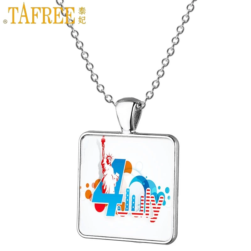 

TAFREE Statue of Liberty Independence Day Square Necklace Personality Pattern Glass Dome Metal Pendant Woman Chain Jewelry FQ726