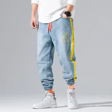 Модные уличные мужские джинсы голубая джинсовая ткань шаровары hombre желтая полоса соединены японский стиль хип хоп джоггеры джинсы мужские
