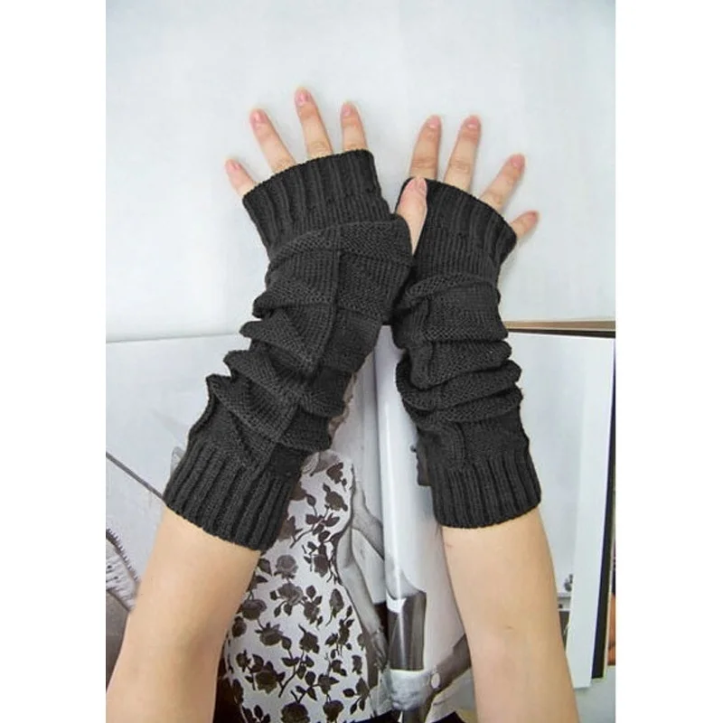 Для женщин зимние мягкие акрил руки теплые вязаные Half-палец длинные перчатки без пальцев одноцветное Цвет модные теплые для леди - Цвет: Темно-серый