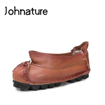 

Johnature 2020 Autumn New Genuine Leather Round Toe Casual Retro Slip-on Shallow Pleated Fashion Women Shoes Pumps