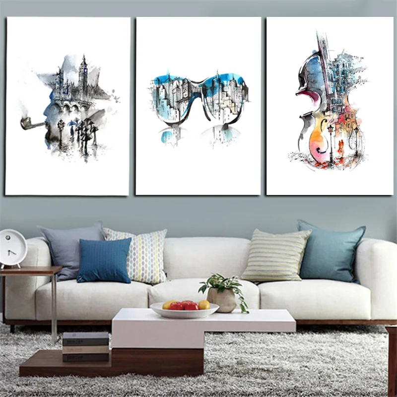 

Triptych Print Abstract Watercolor Holmes Glasses Violin Canvas Painting Minimalist Poster Wall Picture For Living Room Decor