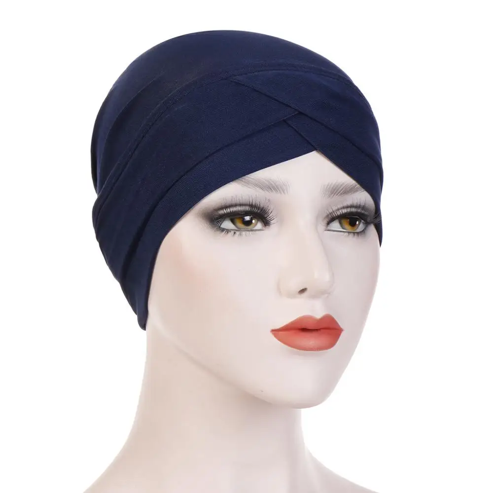 Мусульманская женская эластичная Крестовая тюрбан из хлопка, шляпа с раком, шапочка при химиотерапии, головной убор, головной убор, покрытие для выпадения волос, аксессуары - Цвет: Navy Blue