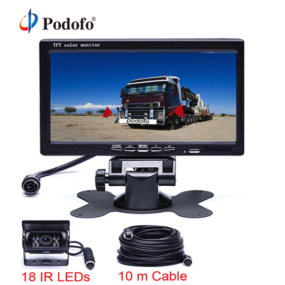 

Podofo 18 IR Reversing Camera 4Pin + 7" LCD Monitor 12V/24V For Truck Bus Van Rear View Kit Auto Back-Up Security Monitor 10m