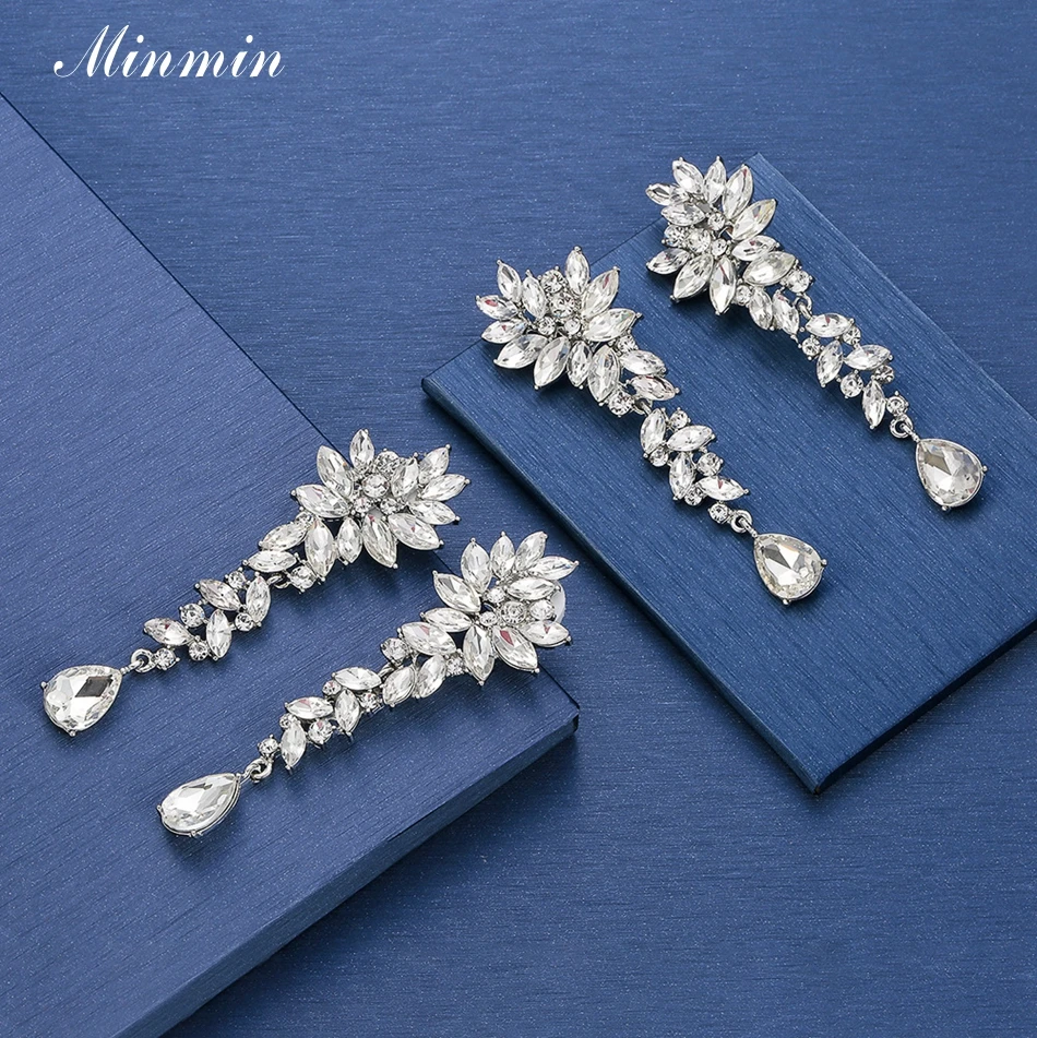 Minmin элегантные свадебные висячие серьги с кристаллами для женщин, роскошные длинные висячие серьги с каплевидными каплями, серьги-клипсы MEH1566