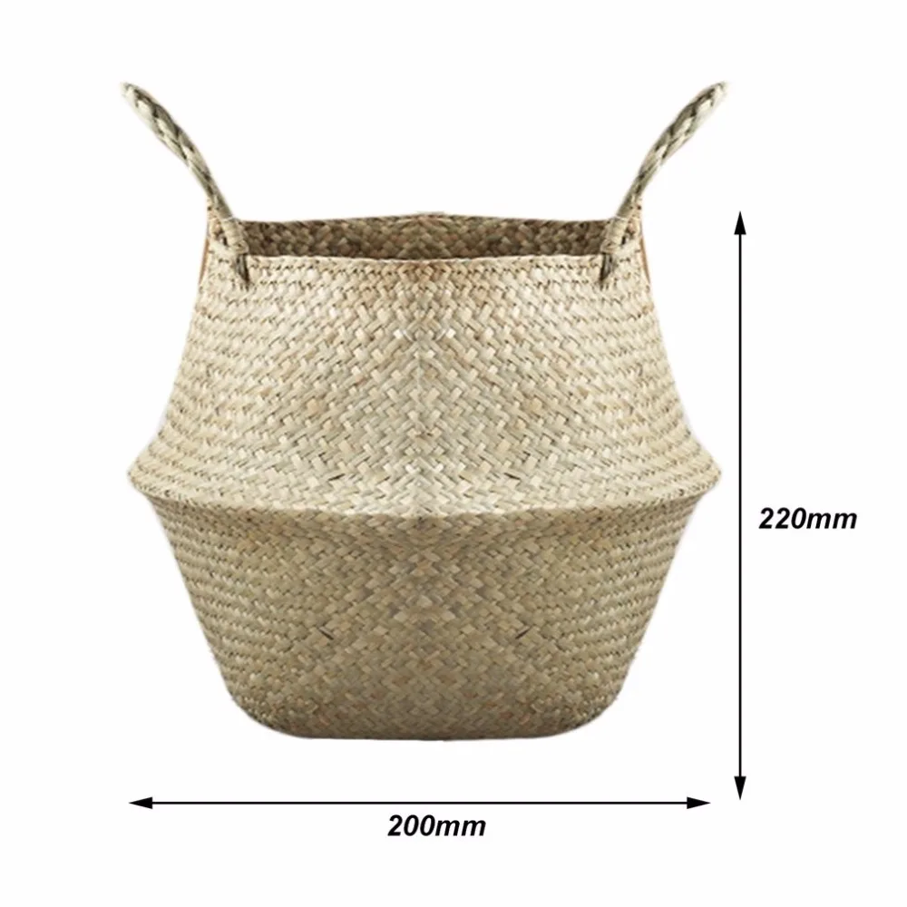 Household Foldable Natural Seagrass Woven Storage Pot Garden Flower Vase Hanging Handle Storage Bellied Basket Drop shipping