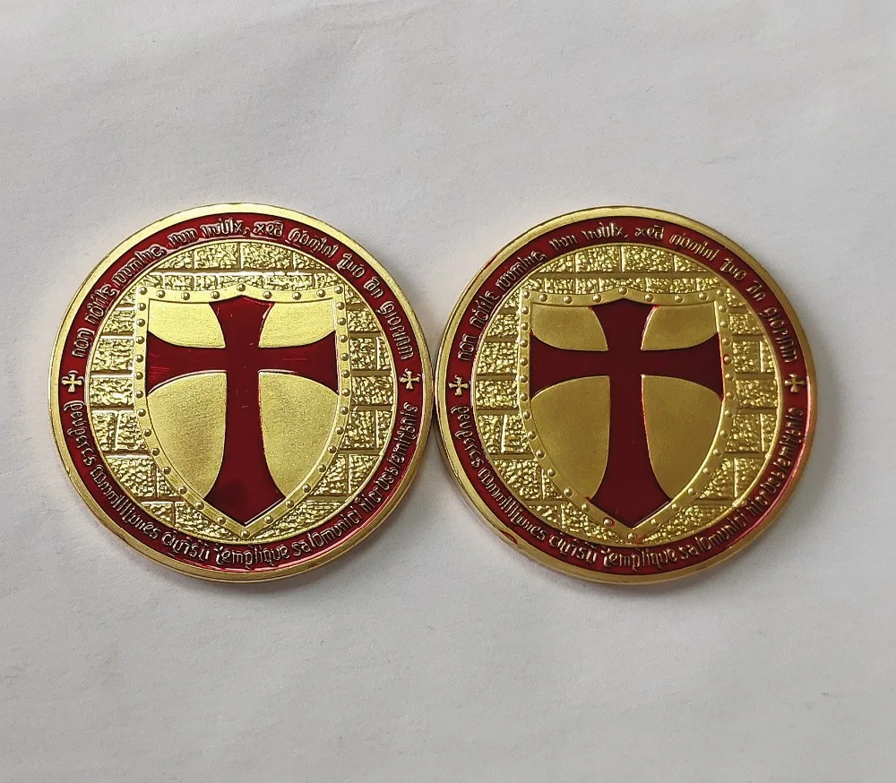 Red enamel cross Knights Templar Challenge Coin Non-currency Crusader Challenge Knight metal coin (1)