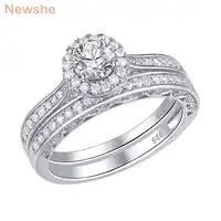 Newshe 2 個ハロー結婚指輪 925 スターリングシルバー 1.6 Ct ラウンド AAA CZ クラシックジュエリー婚約指輪女性のための