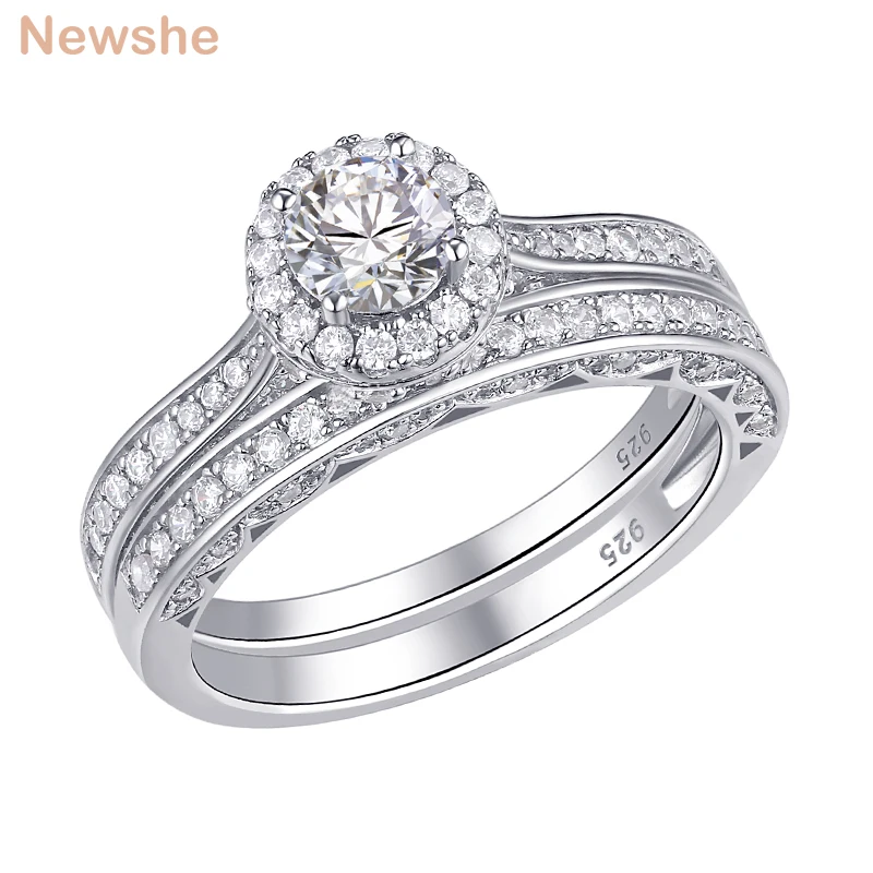 Kopen Newshe 2 Stuks Halo Wedding Ring Set Solid 925 Sterling Zilver 1.6 Ct Ronde AAA CZ Classic Sieraden Engagement Rings voor Vrouwen