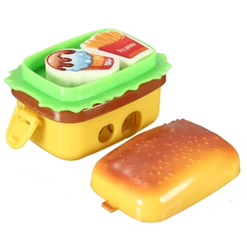 1Pc Cute Hamburger Pencil Sharpener with Two Rubbers Erasers Student Stationery