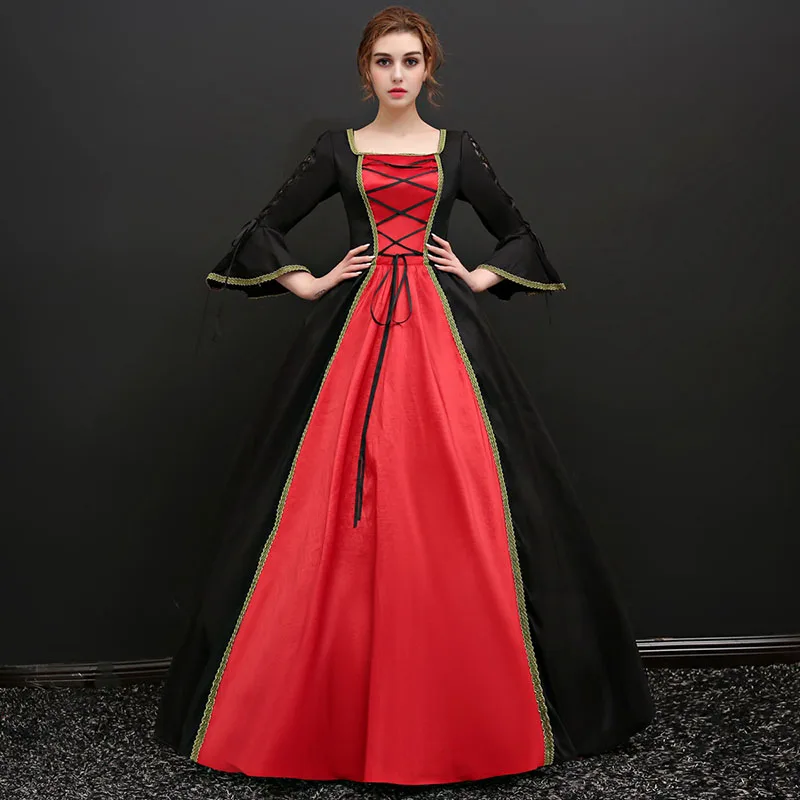 Черные и красные вечерние платья с квадратным воротником и длинным Расклешенным рукавом, с открытой спиной, готические, викторианские, длинные платья для маскарада 18 века - Цвет: As Picture