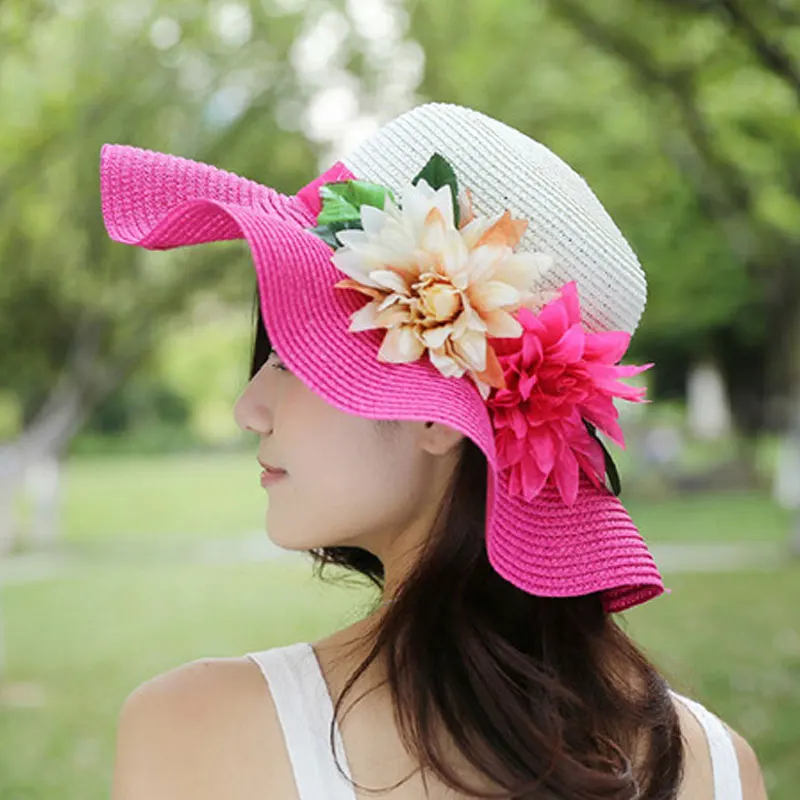 [HEAD BEE] 2018 Fashion Summer Straw Hats for Women Floppy Beach Hat Flower Sun Hat Large Brim