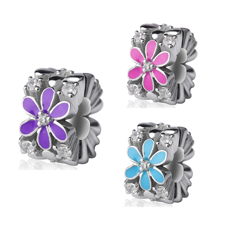 

100% 925 Sterling Silver charms flower Beads with colorful enamel Fit authentic European Bracelets diy bead Jewelry making Gifts