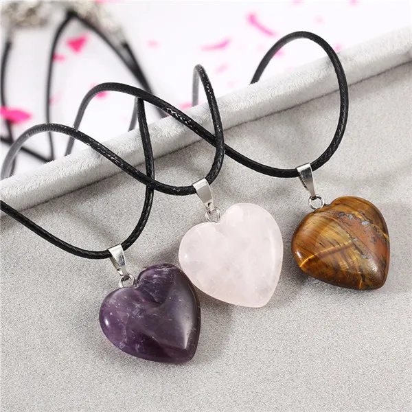 

Heart Pendant Necklace Pink Purple Crystal Natural Stone Leather Chain Necklace Fine Jewelry women