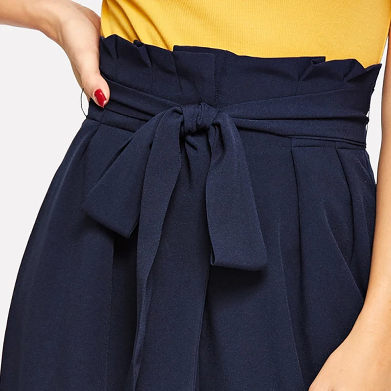 Sheinside темно-синие женские брюки с поясом и широкими штанинами, весна, плиссированные брюки-макси с высокой талией, повседневные однотонные брюки с карманами
