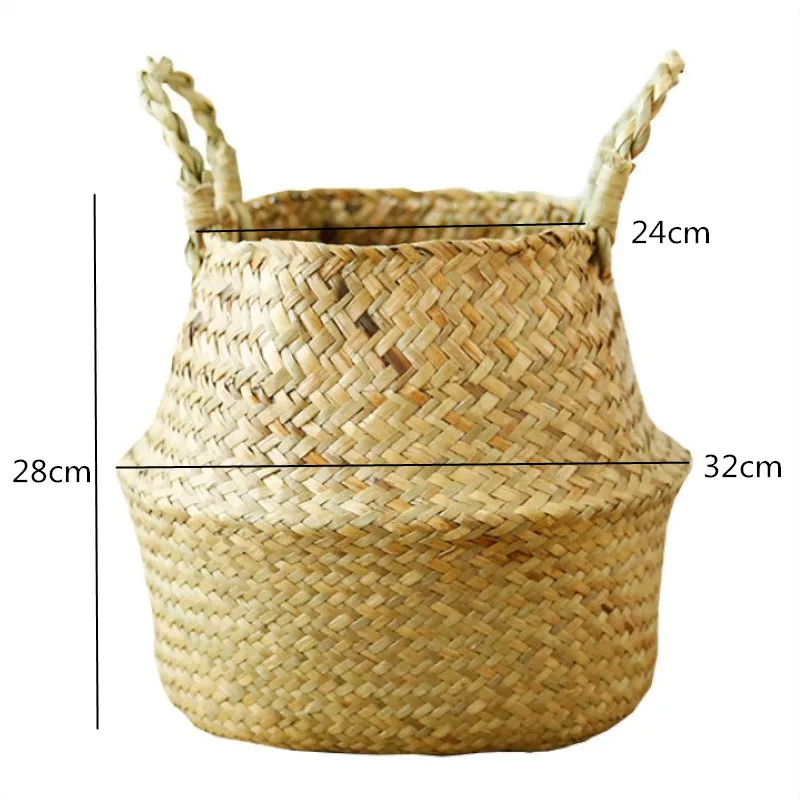 Garden Plant Flower Pot Handmade Rattan Storage Basket Foldable Seagrass Straw Hanging Woven Handle Toy Storage Container 1Pc - Цвет: P