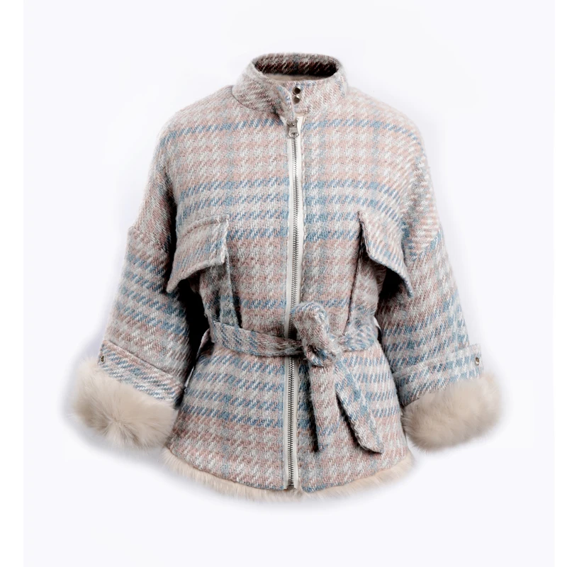 Клетчатая твидовая и лиськая Меховая зимняя парка, пальто, женская теплая меховая подкладка, Двусторонняя одежда, большие размеры, свободное меховое плюшевое пальто, куртка, верхняя одежда