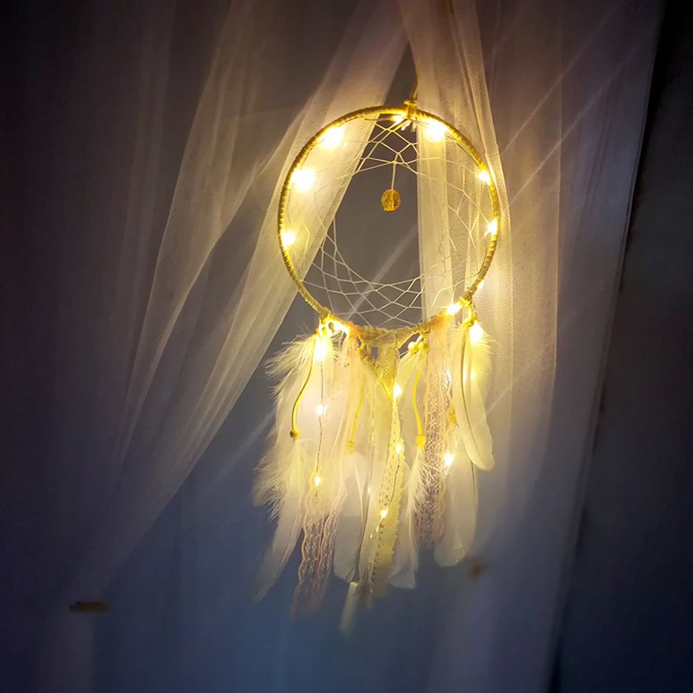 Креативный светодиодный светильник Ловец снов, сетка, сделай сам, кружево, перо, ремесла, стена, колокольчики, девушка, спальня, свадебное подвесное украшение, подарок