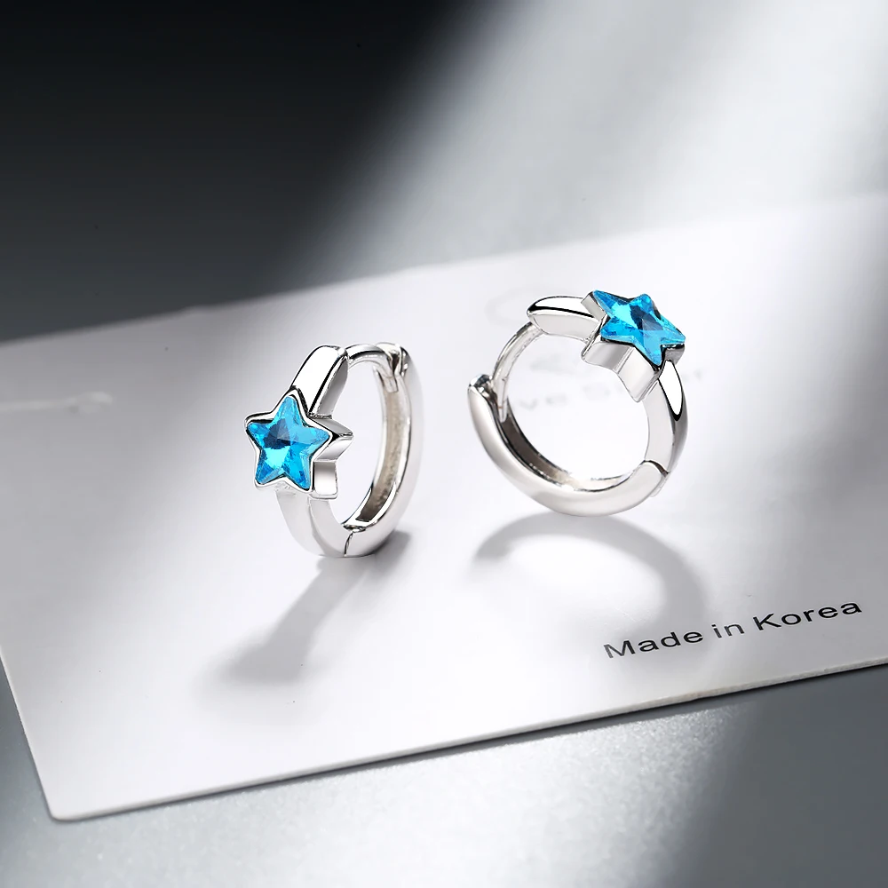 Милые синие хрустальные звезды 925 серебряные Круги маленькие петли Huggie серьги-кольца для женщин ювелирные изделия для девочек Aros Aretes