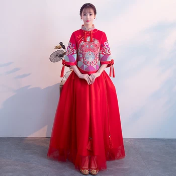 

Sexy Red 2PCS Marriage Suit Shirt&Skirt Chinese Style Bride Wedding Dress Exquisite Tassels Embroidery Flower Cheongsam Vestidos