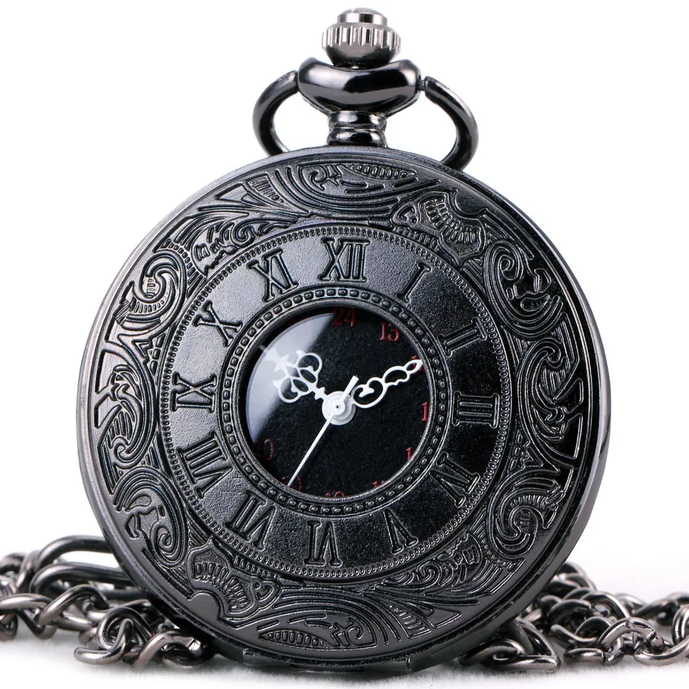 

TOP LUXURY BRAND Unisex Fashion Quartz Pocket Watch Open Cover Roman Gothic Style Delicate Pattern Black Case Fob Watches