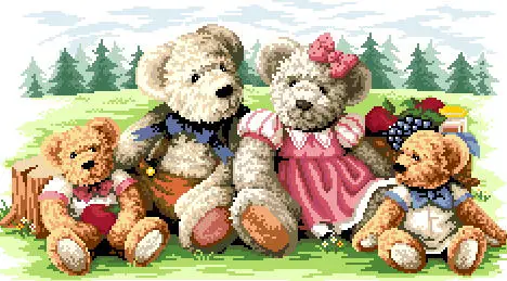 cs-2196 Cross Stitch Kit Picnic Countryside Teddy Bear Family Gathering Love
