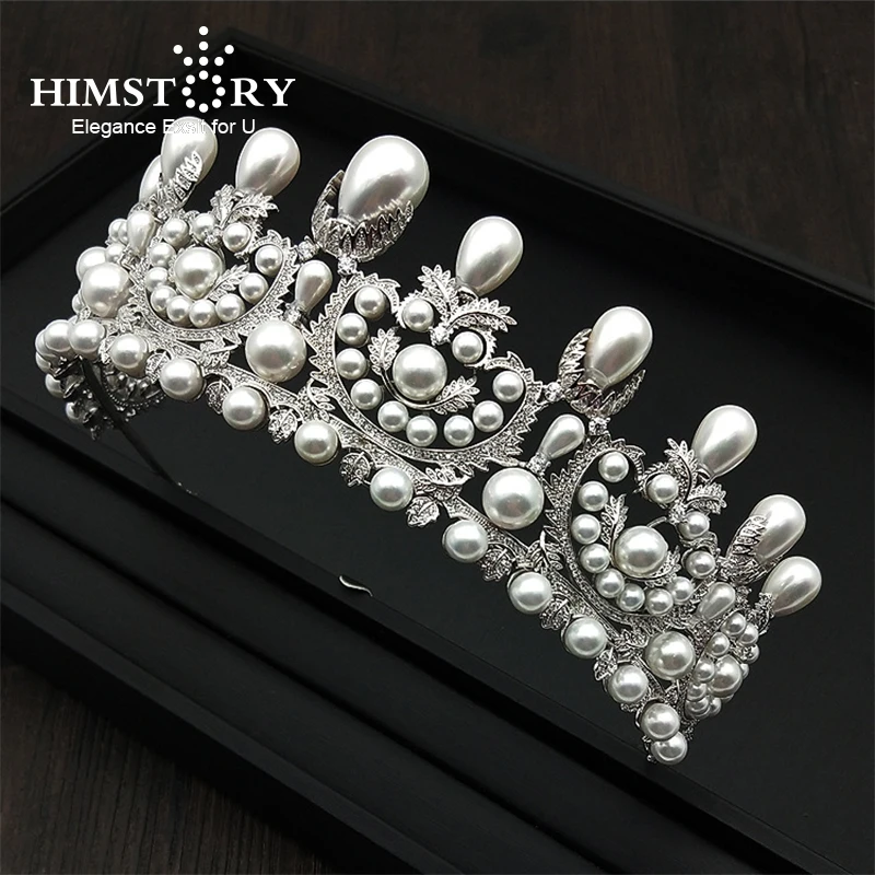 Koop Grote Ronde Parel AAA Zirkoon Haar Crown Tiara Prinses Zirconia Kronen Diadeem Bruiloft Haaraccessoires Bruids Sieraden Gift