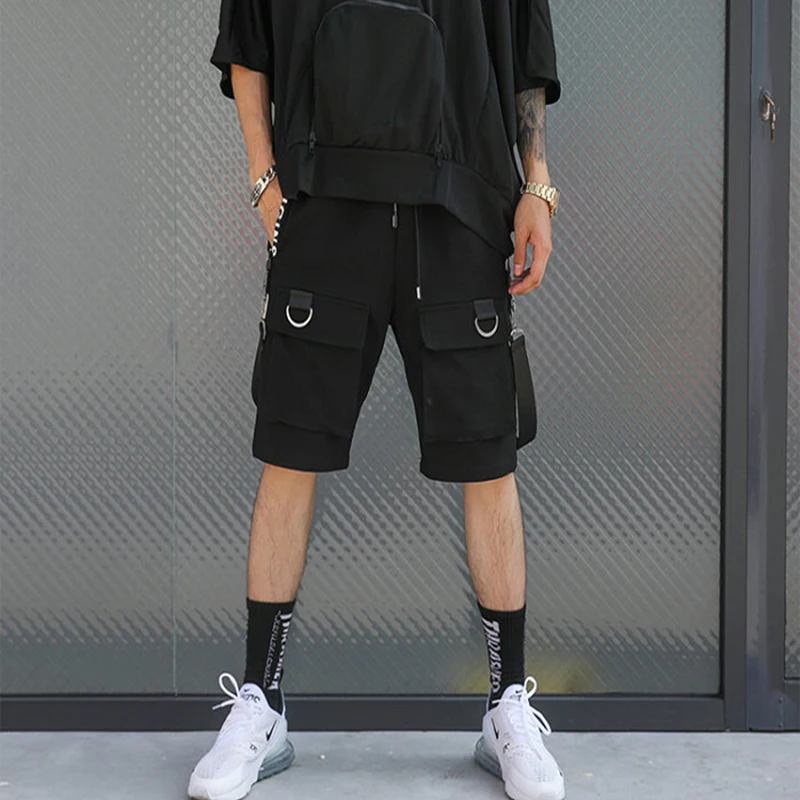 Хип-хоп Летняя мужская уличная одежда с черными лентами, бермуды с карманами на молнии, мужские повседневные шорты до колен в стиле панк, спортивные штаны
