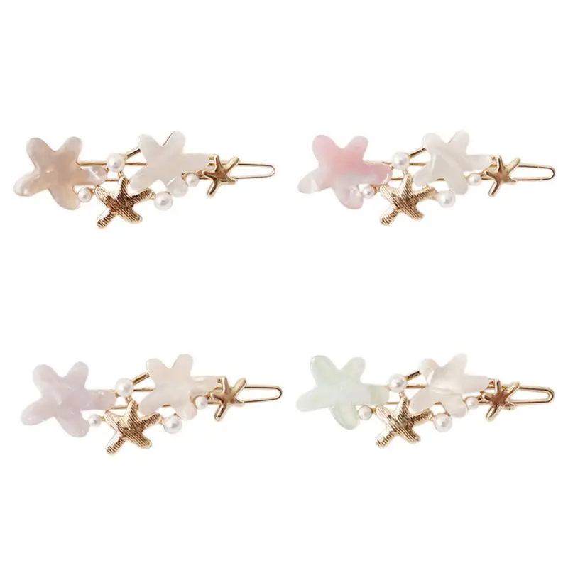 

Korean Ladies Sweet Candy Color Metal Alloy Bobby Pin Cute Acetate Starfish Flower Imitation Pearl Hair Clip Side Bangs Barrette
