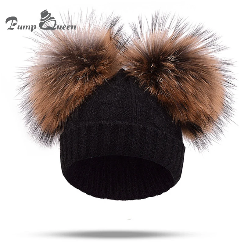 Berretto Cappellino da Donna Cappellino con Due Pompon Fairy Tale Shop Bobble Hats Cappello con PON PON in Vera Pelliccia di Visone Colorato per Donna