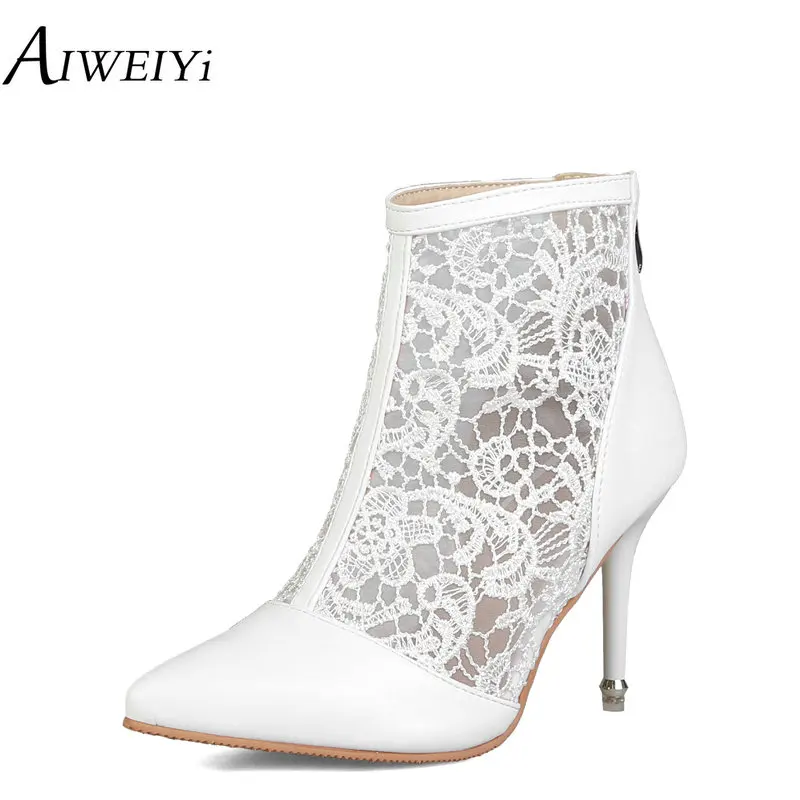 

AIWEIYi Hollow Out Summer Boots Pointed Toe Ankle Boots Stiletto Heels Thin High Heels Short Boots Black White Zapatos Mujer