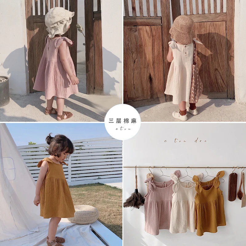 

New 2019 Summer Girl Dresses Baby Vest Sling Bow Children Kids Tie Pure Cotton Causal Fashion Holiday Dresses Toddler Clothing