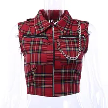 Модная Женская Клубная панк клетчатая рубашка без рукавов на молнии уличная одежда кроп-топ тонкие блузки