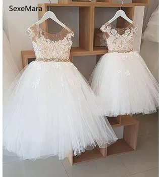 

White Ivory Sheer Jewel Neck Flower Girls Dresses Lace Appliques 2019 Real Image Princess Pageant Dress First Communion Gownlx