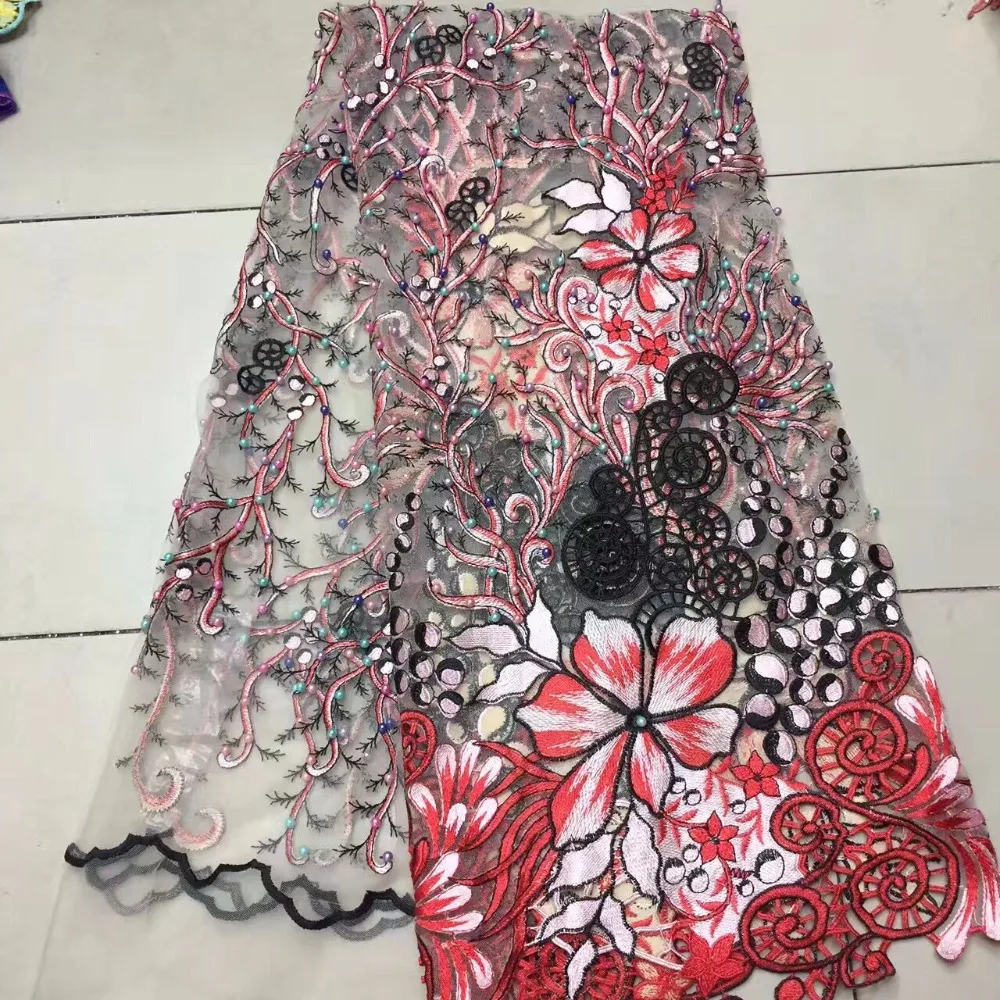 red lace fabric with beaded embroidered flower applique high quality