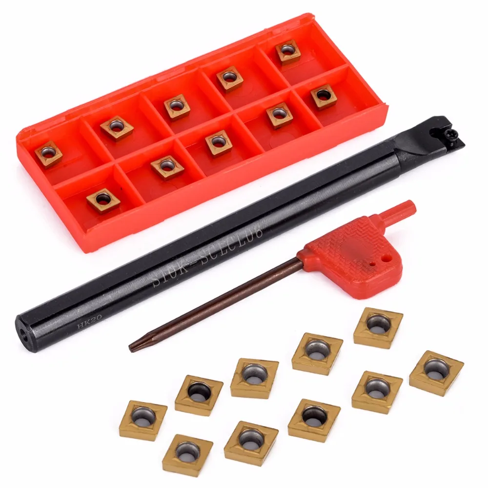 

12pcs/set CCMT060204 Carbide Inserts + S10K-SCLCL06 Holder with T8 Wrench For Turning Tool