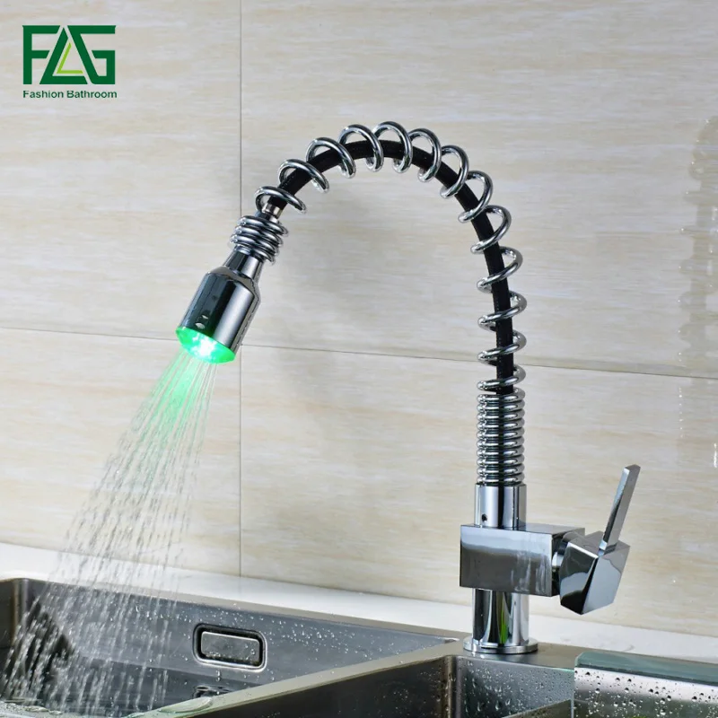 

FLG LED Kitchen Faucet Copper Chrome Rotatable Green Red Blue 3 Color Light Change Pull Out Water Sink Tap Kitchen Mixer C045